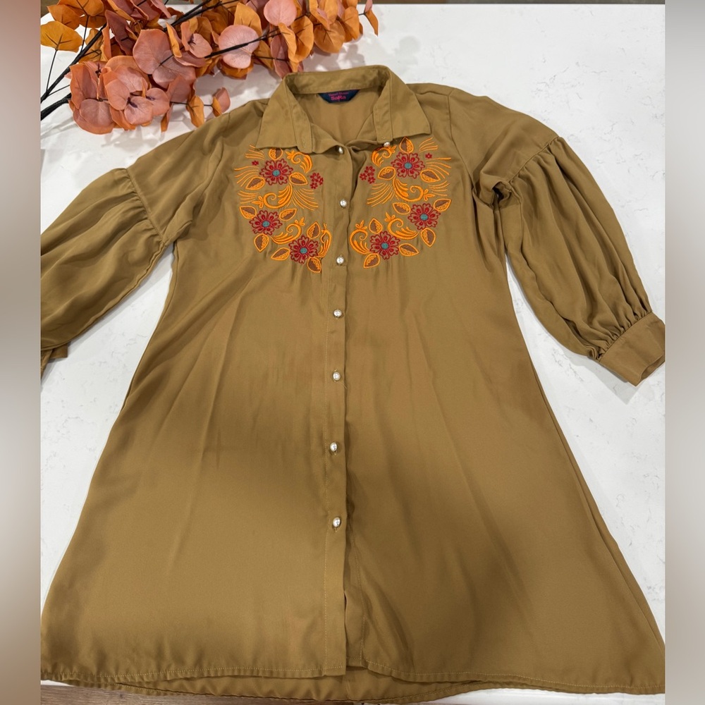 dress blouse Sara Brown Long Sleeve Dress with Vibrant Embroidery
